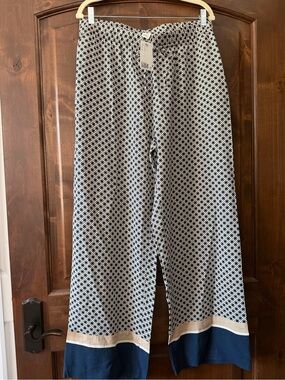 NWT H&M  sz L Navy and camel  Wide-Leg Patterned Pants w/ drawstring